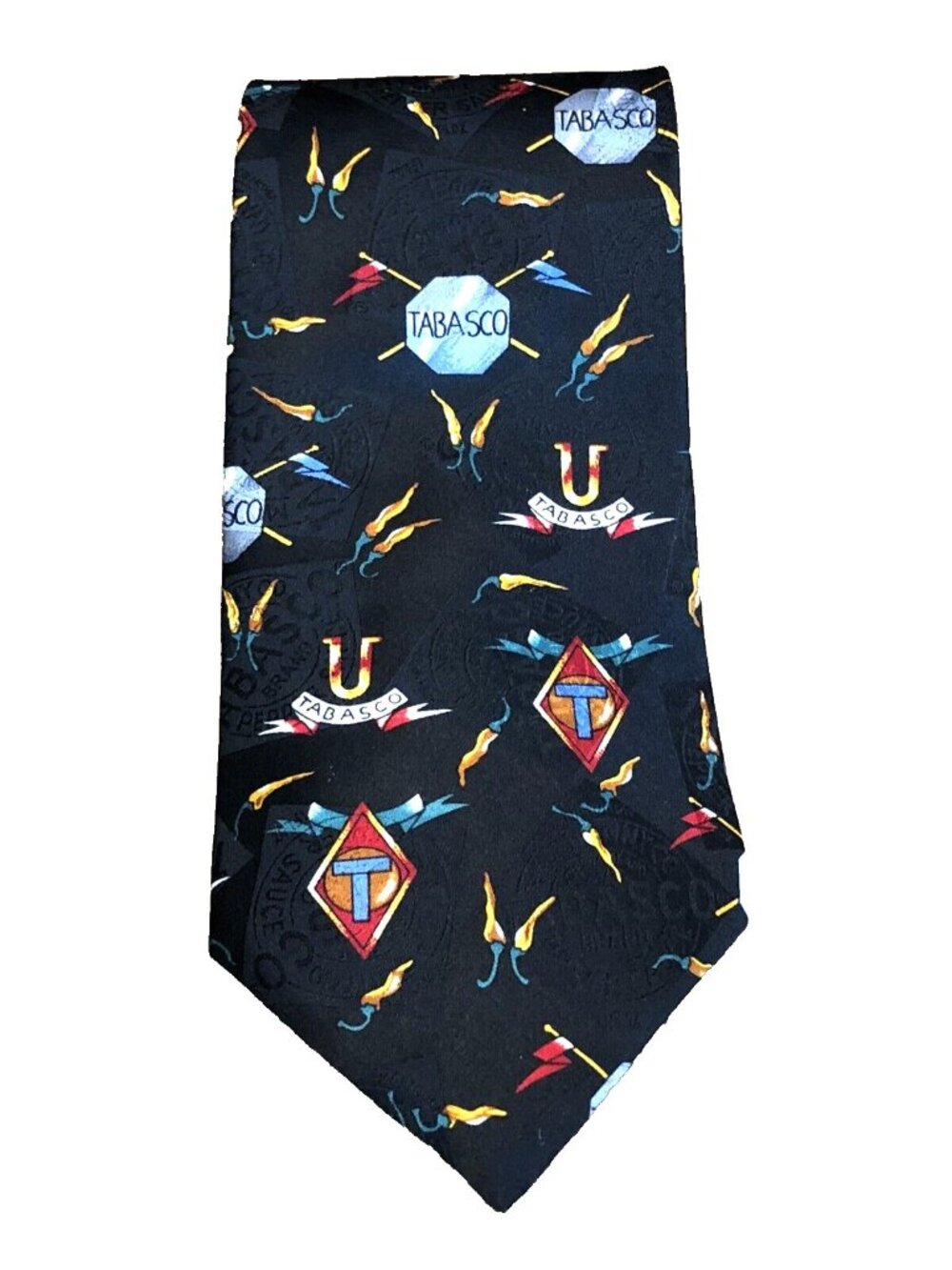 Tabasco Hot Sauce Men's Tie Approx. 58" Black 100% Imported Silk USA